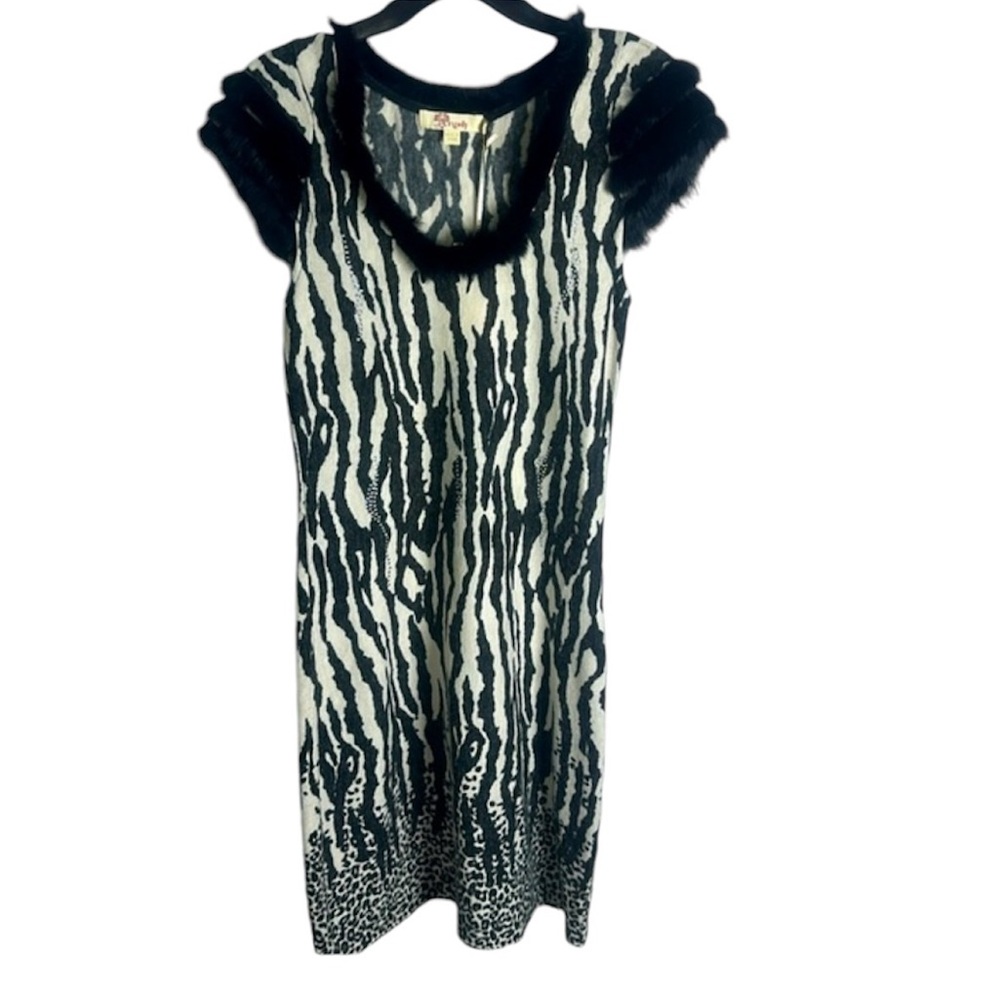 Aryeh Sweater Dress Womens M White and Black Zebra Faux Fur Sleeves Seath Ladies